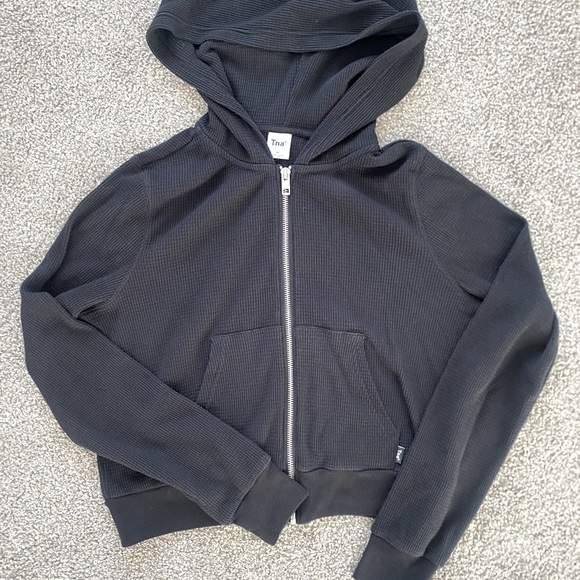 TNA Tops - TNA Waffle Knit Basic Black Staple Piece Cropped Zip up Hoodie Size Medium